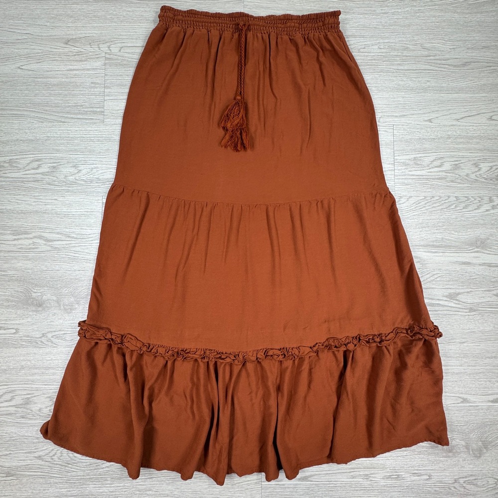 Ryegrass Women's Maxi Skirt Tiered Boho Tassel Rust Orange Large Ruffle Rayon